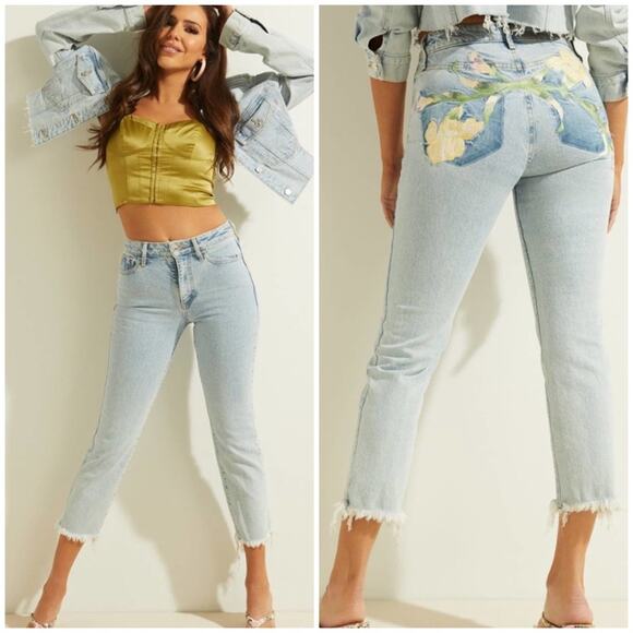 Guess Denim - Guess 1981 Light Wash High Rise Straight Leg Embroidered Jeans 26